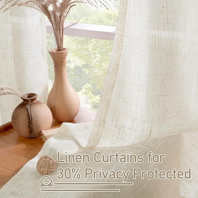 LAMIT Natural Linen Curtains for Living Room 2 Panels Set, 80 Inch Faux Linen Textured Light Filtering Drapes Bronze Grommet Boho Panels for Farmhouse/Bedroom/Porch, 52 x 80 Inch