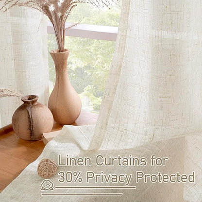 LAMIT Natural Linen Curtains for Living Room 2 Panels Set, 80 Inch Faux Linen Textured Light Filtering Drapes Bronze Grommet Boho Panels for Farmhouse/Bedroom/Porch, 52 x 80 Inch