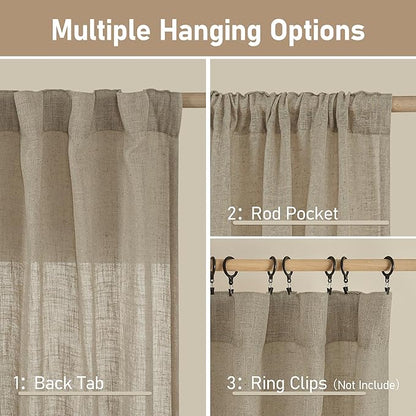 LAMIT Semi Sheer Linen Curtains 45 Inches Long, Light Filtering Panels Back Tab and Rod Pocket Country Decor Drapes for Farmhouse/Window/Bedroom, Taupe, 2 Panels, 52 x 45 Inch