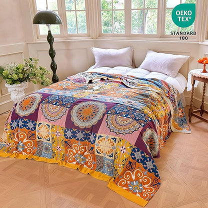 MSGKV Boho Throw Blanket for Bed 90"x108" 100% Cotton Blanket Spring Breathable Lightweight King Size Blankets Home Decor Muslin All Seasons