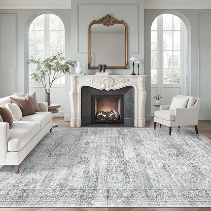 Washable Area Rug 8x12, Large Soft Rugs for Living Room Vintage Grey Carpet 8x12 Area Rugs for Bedroom Dining Room Non-Slip Stain Resistant Under Table Rug