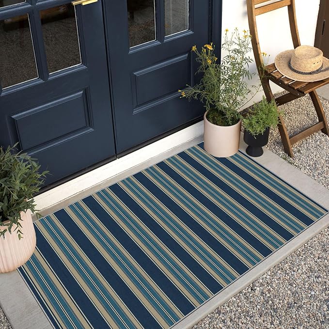 3x5 Striped Entry Rug - Small Washable Indoor Outdoor Mats for Front Door Non-Slip Porch Rug Navy Blue Coastal Throw Rugs for Bedroom Entryway Kitchen Office Welcome Layer Doormat Decor