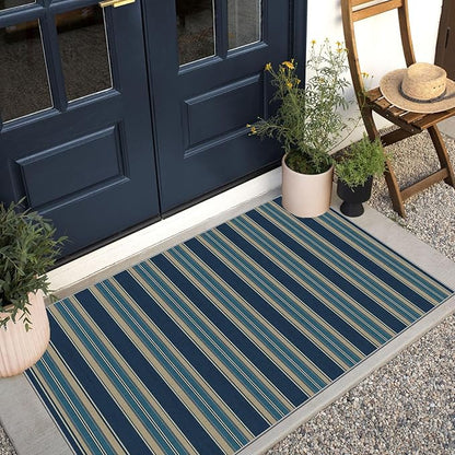 3x5 Striped Entry Rug - Small Washable Indoor Outdoor Mats for Front Door Non-Slip Porch Rug Navy Blue Coastal Throw Rugs for Bedroom Entryway Kitchen Office Welcome Layer Doormat Decor