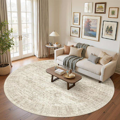 8x8 Beige Round Rug 8ft Living Room Circle Rug Vintage Round Area Rug Non Slip Indoor Carpet for Apartment