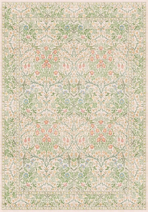 Light Green Bedroom Rug, 7x10 Washable Area Rug Non-Slip for Living Room, Nursery, Kids Room, Dining Room, Vintage Beige Botanical Low Pile Soft Carpet Fade Resistance