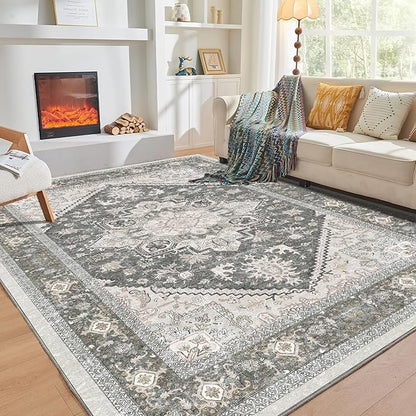OPPODREAM Soft Area Rugs 9x12 Living Room, Washable Rugs 9x12 with Non Slip Backing, Faux Cashmere Low-Pile 9 x 12 Carpet, Greenish Grey