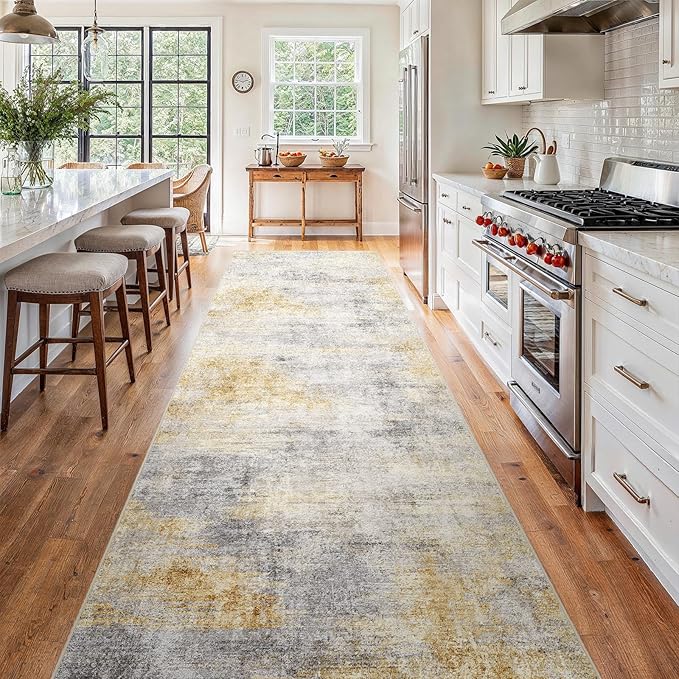 4x12 Washable Kitchen Runner Rug: Modern Abstract Wide Runners for Hallway Soft Non Slip Rugs with Rubber Backing Low Pile Thin Carpet for Entryway Bedroom Bathroom Laundry Indoor(Grey/Yellow,4x12)