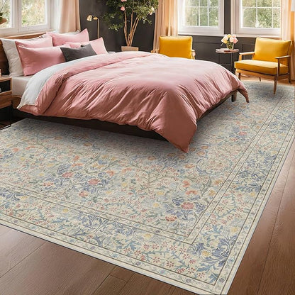 Vintage Washable Beige Blue 10x12 Rug for Living Room - Extra Large Area Rug for Dining Room Under Table, Bedroom - Botanical Floral Design with Purple Accent, Non-Slip Lightweight Soft Low Pile