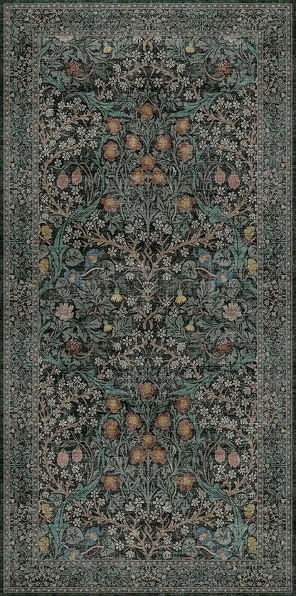 Dark Green Washable 3x6 Large Entryway Runner Rug Indoor, Non-Slip Floor Rugs for Kitchen, Bedroom, Bathroom Beside Bed, Stain & Fade Resistant, Vintage Floral Design