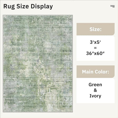 3x5 Rug, Abstract Small Area Rug for Kitchen, Entryway, Machine Washable Non-Slip Throw Rug, Vintage Carpet for Nursery Coffee Table Green Ivory