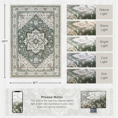 8x10 Area Rugs for Living Room: Washable Rug Soft Vintage Boho Medallion Carpet Indoor Non-Slip Stain Resistant Large Carpets for Bedroom Dining Room Farmhouse Nursery Home Office Green Ivory