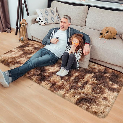 Super Soft Fluffy Living Room Area Rug 2x5 ft Tie-Dyed Brown Shaggy Furry Carpet Washable Non-Slip Floor Rugs Bedroom Bedside Nursery Rug Fuzzy Girls Boy Dorm Home Decor Aesthetic
