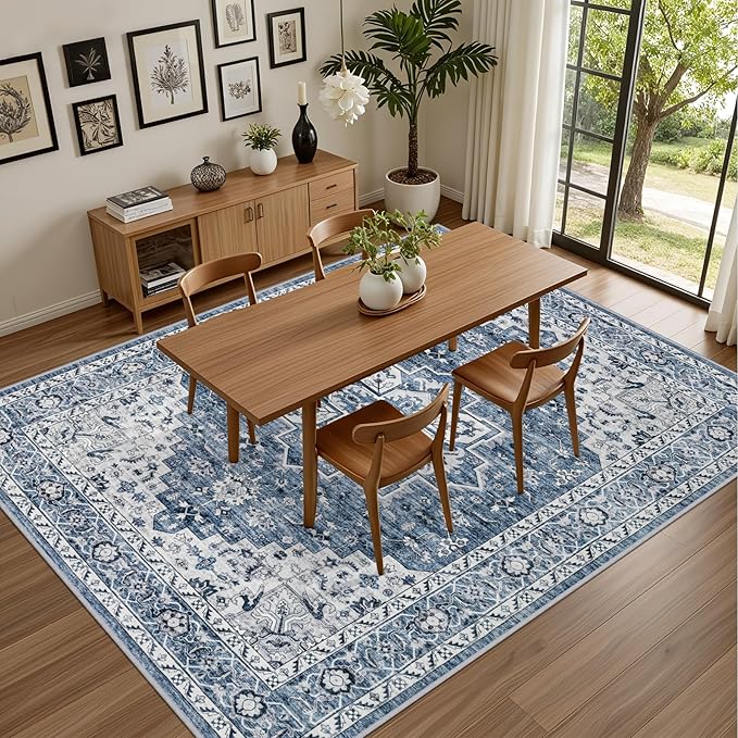 5x7 Area Rugs Living Room Rug: Washable Vintage Boho Medallion Rug No Slip Stain Resistant Soft Carpet Indoor Floor Large Carpets for Bedroom Dining Room Farmhouse Nursery Hallway Home Office Blue