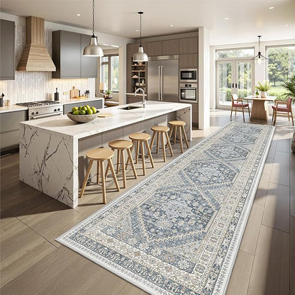 Carpet Runners for Hallway 12ft, Non-Slip Long Bathroom Rugs Runner for Kitchen, Bedroom, Soft Vintage Washable Rug for Entryway, Thin Floor Mat for Dining Room(Blue/Beige,2.5'x12')