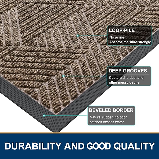 Smiry Front Door Mat Outside Entrance, Heavy Duty Sturdy Natural Rubber Doormat, Trap Dirt and Moisture, Easy Clean Low Profile Mats for Indoor Outdoor Entry, Irregular Triangle (29.5x17, Taupe)