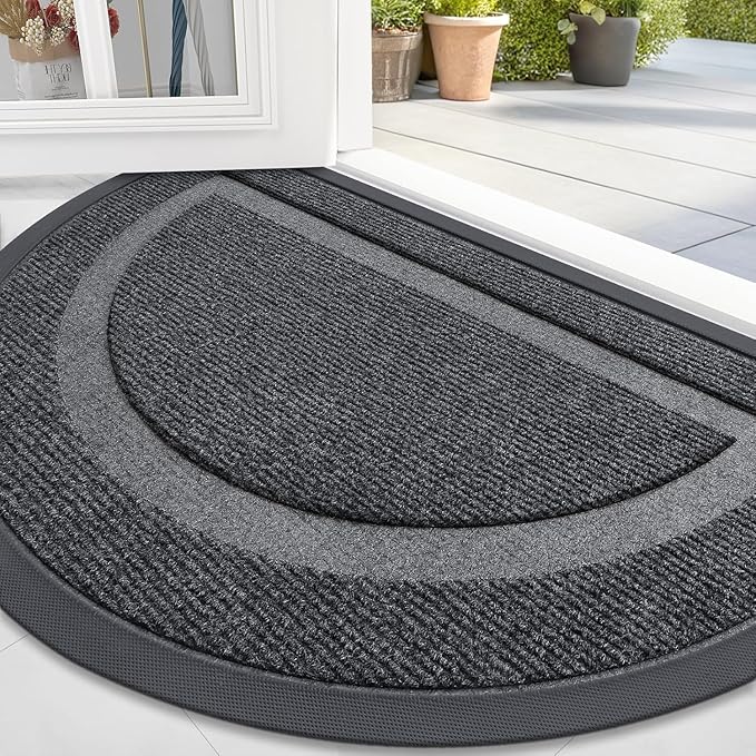 OLANLY Half Circle Door Mat Indoor Outdoor Entrance Welcome, Waterproof All-Season, All-Weather Doormat, Sturdy Natural Rubber, Low Profile, Easy Clean Patio Porch Entryway Mat, 47x32, Grey