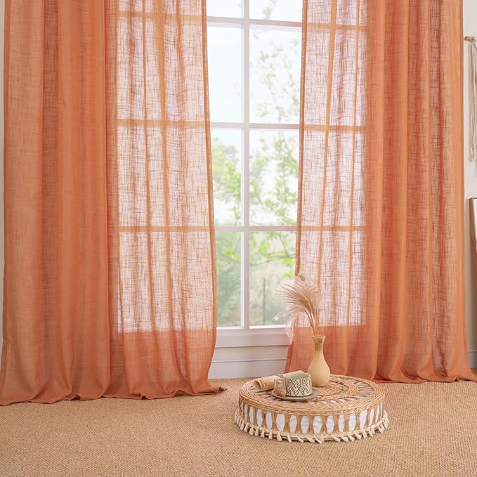 LAMIT Linen Semi Sheer Curtains 96 inches Long 2 Panels Set, Light Filtering Panels Back Tab and Rod Pocket Floor to Ceiling Curtains for Bedroom/Living Room, Burnt Orange, 52 x 96 Inch