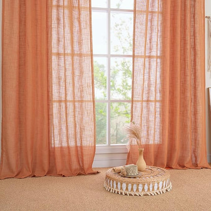 LAMIT Burnt Orange Linen Curtains for Living Room, 84 inch Length Light Filtering Semi Sheer Drapes Back Tab and Rod Pocket Farmhouse Panels for Bedroom, 2 Panels, 34 x 84 Inch