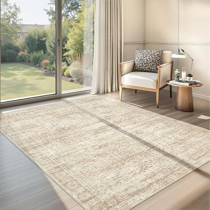 3x5 Washable Area Rug for Entryway, Soft Kitchen Rugs Non Slip for Dining Room, Vintage Abstract Living Room Rug, Thin Area Rugs Indoor for Bedroom, Kids Room Decor(3'x5', Beige/Ivory)