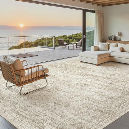 Washable Area Rug 8x12, Large Soft Rugs for Living Room Vintage Beige Carpet 8x12 Area Rugs for Bedroom Dining Room Non-Slip Stain Resistant Under Table Rug