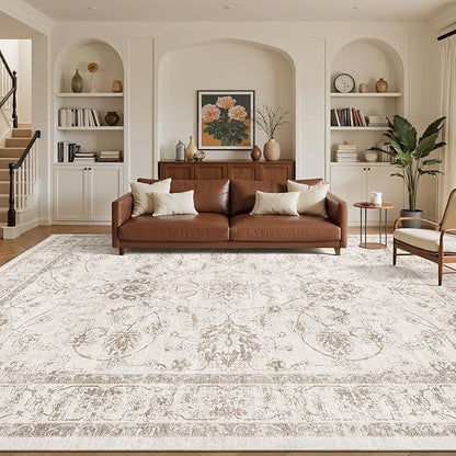Madane 9x12 Area Rugs for Living Room, Machine Washable Rug with Non-Slip Backing, Soft Vintage Large Area Rug, Floral Print Floor Carpet for Bedroom Dining Room (9 x 12, Brown/Ivory)