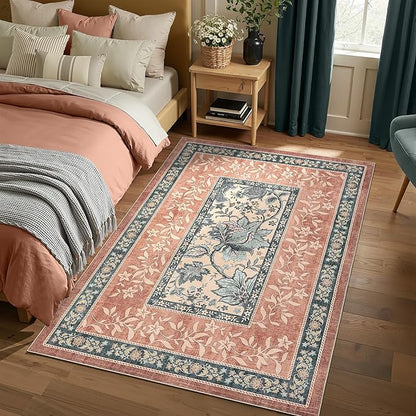 GarveeHome Terracotta Teal Area Rugs 9x12 Living Room, Botanical Grove Cottage core Washable Non-Slip Rug for Bedroom Dining Nursery Low-Pile Vintage Large Soft Carpet