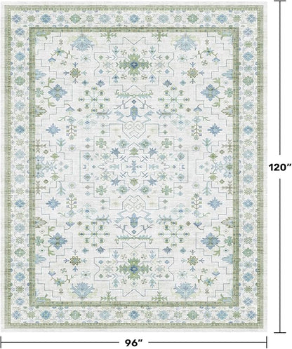 Hazo Haus Blue and Green Living Room Rug 8x10 - Cream Oushak Vintage Boho Floral Farmhouse, Washable Low Pile Non-Slip Extra Large Area Rugs for Bedroom, Girls, Boys, Playroom, Lounge