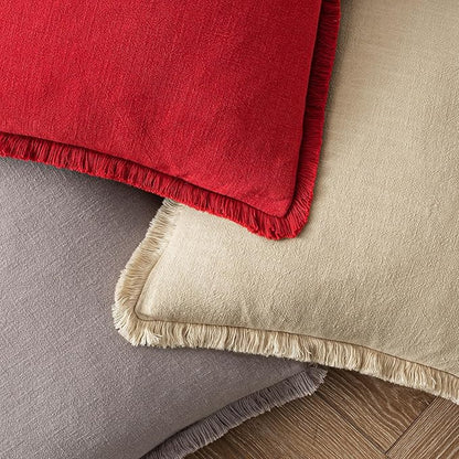 MIULEE Decorative Throw Pillow Covers Neutral Linen Fringe Throw Pillows Set of 2 Red Boho Farmhouse Cushion Covers with Tassels for Couch Sofa Bed Living Room Spring Home Decor 18x18 Inch