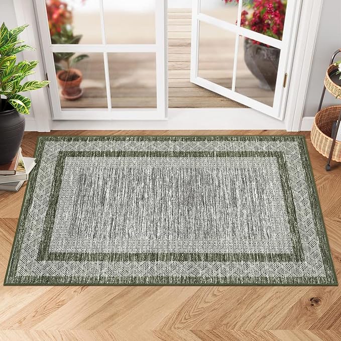 GarveeHome Modern Geometric Area Rug 2x3 Distressed Bordered Washable Non Slip Floor Small Carpet Non Shedding Thin Soft Low Pile Rug, Contemporary Green Rug for Dining Room, Living Room