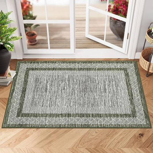 GarveeHome Modern Geometric Area Rug 2x3 Distressed Bordered Washable Non Slip Floor Small Carpet Non Shedding Thin Soft Low Pile Rug, Contemporary Green Rug for Dining Room, Living Room