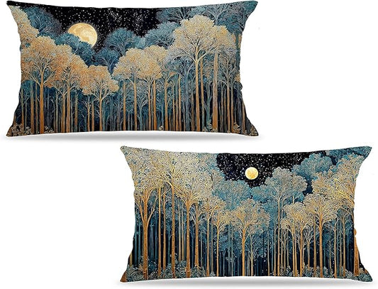 Rustic William Morris Inspired Forest Green Moon Decor Pillow Covers 12x20 Set of 2,Vintage Night Moon Botanical Nature Landscape Decorative Throw Pillow Covers for Home Bedroom Living Room