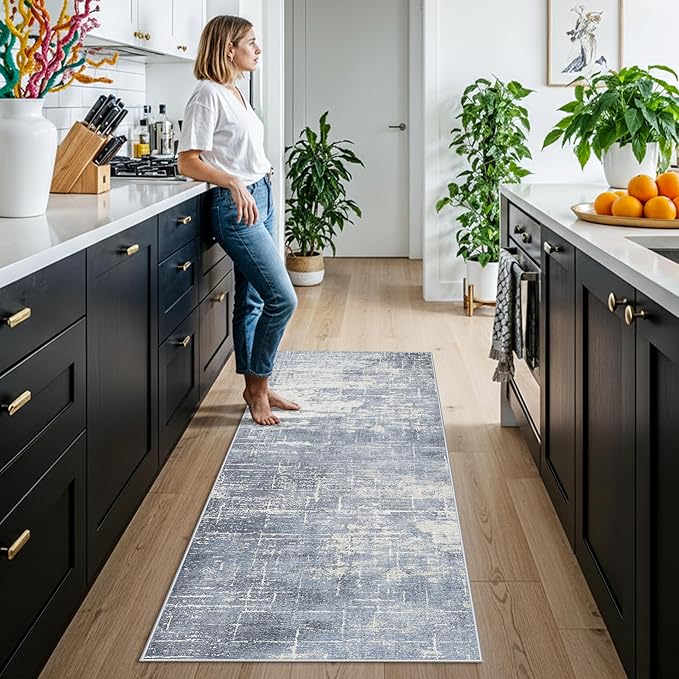 2x6 Non-Slip Entryway Area Rugs: Washable Stain Resistant Kitchen Carpet Low Pile Printed Doormat Soft Nursery Runner Vintage Abstract Floor Mat for Hardwood Bedroom Home Decor for Family(2x6,Blue)