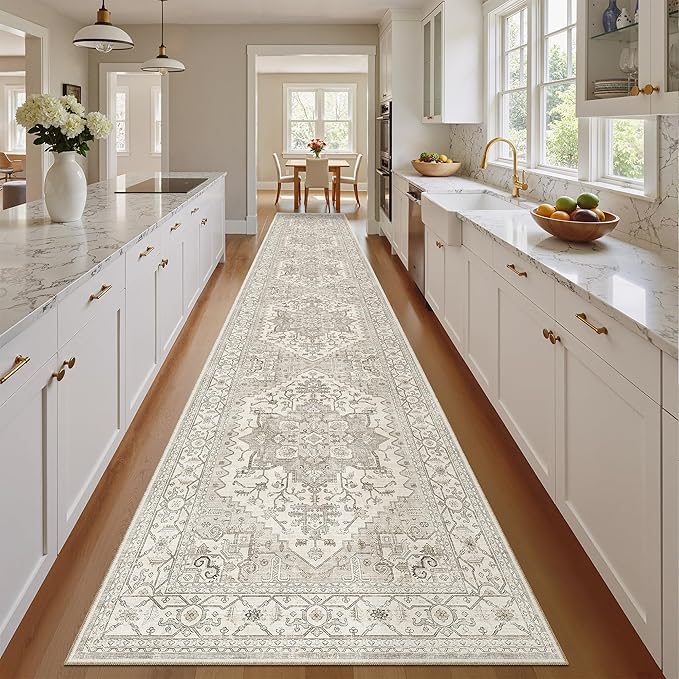 Madane Hallway Runner Rug 2'6''x16' Kitchen Runner - Non Slip Vintage Runners for Hallways Washable Kitchen Rugs Soft Low Pile 2.5x16 ft Rug Runners for Laundry Room, Entryway and Bedroom, Beige/Brown