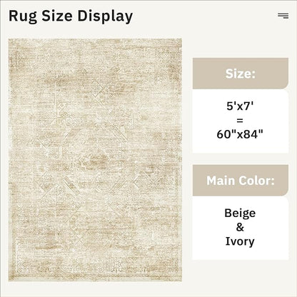 5x7 Area Rugs Beige Low Pile Indoor Washable Trendy Faded Style Floral Rugs for Bedroom Living Room Dining Room Foldable Non-Slip Thin Print Mat
