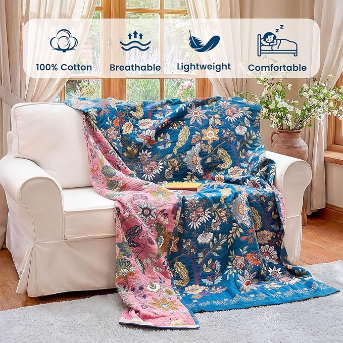 MSGKV Boho Throw Blanket for Couch 50"x60" 100% Cotton Floral Blanket Spring Breathable Lightweight Muslin Home Decorative Blankets for Sofa