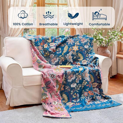 MSGKV Boho Throw Blanket for Couch 50"x60" 100% Cotton Floral Blanket Spring Breathable Lightweight Muslin Home Decorative Blankets for Sofa