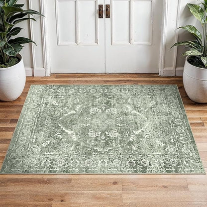 2x3 Entryway Area Rug Washable - Neutral Small Entry Rug Kitchen Rug Runner Vintage Soft Floor Mat Non Slip Indoor Farmhouse Carpet for Bedroom Bathroom Living Room (Muted Sage Green)