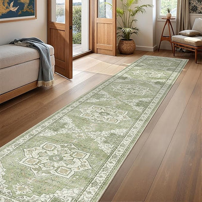 Hallway Runner Rug 2x12, Extra Long Washable Runner Rugs with Rubber Backing, Non Slip Runner, Vintage Rug Runners for Kitchen Laundry Room Entryway (Light Green,2'x12')