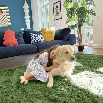 OLANLY 3x5 Machine Washable Small Bedside Rug, Soft Fluffy Shaggy Rugs for Living Room, Bedroom, Indoor Floor Carpet for Kids Girls and Boys, Preppy Dorms, Nursery, Home Decor Aesthetic, Green