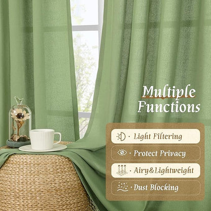 LAMIT Green Linen Curtains 63 inch Length for Bedroom, Faux Linen Light Filtering Window Treatments Neutral Rod Pocket Drapes for Living Room/Farmhouse, 2 Panels Set, 42 x 63 Inch