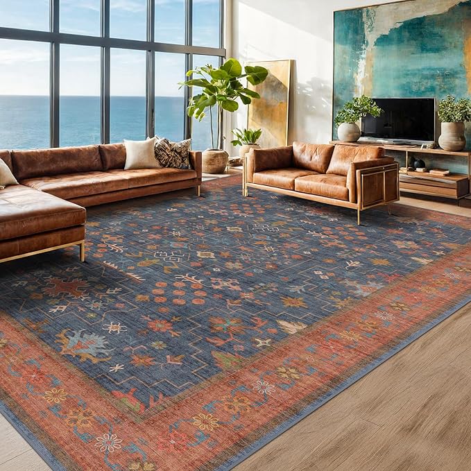 Boho Navy Blue 10x12 Area Rug for Living Room, Extra Large Dining Room Rugs for Under Table, Soft Low Pile Carpet for Bedroom - Vintage Floral Rug, Non-Slip, Lightweight & Stain Resistance