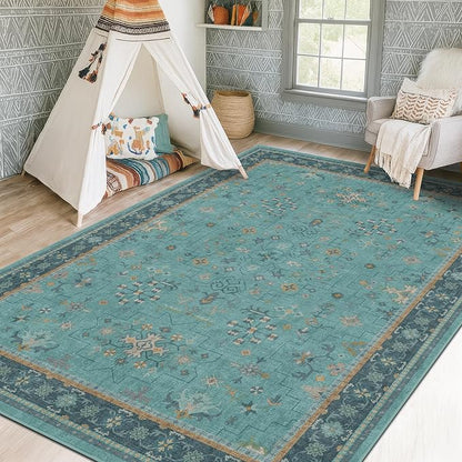 Washable 5x8 Teal Rug for Living Room, Boho Area Rugs for Bedroom Under Bed, Modern Floral Low-Pile Non Skid Carpet for Dining Room Under Table, Stain Resistant Vintage Home Décor