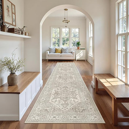 Madane Hallway Runner Rug 2'6''x12', Non Slip Vintage 12ft Runners for Hallways Washable Kitchen Rugs Soft Low Pile 2.5x12 ft Rug Runner for Laundry Room, Entryway and Bedroom, Beige/Brown