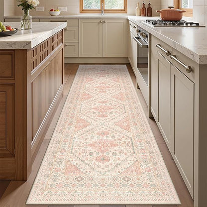Runner Rug 2x8 Runners for Hallways Non Slip Washable, Vintage Hallway Runner Rugs for Living Room, Low Pile Soft Hallway Rug for Kitchen Bedroom Laundry Room Rug(Pink,2'x8')