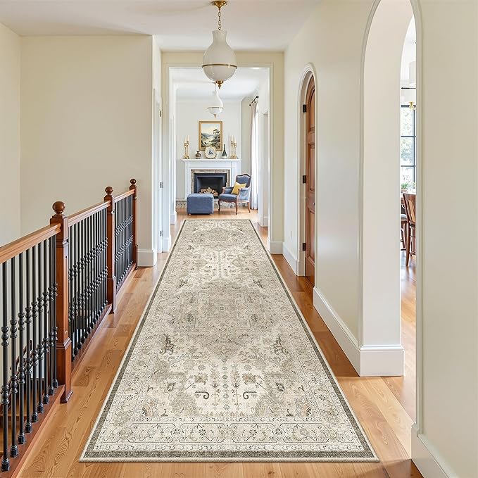 Madane Hallway Rug 3x10, Kitchen Rugs Washable Entryway Rug Vintage Kitchen Runners Non Slip Indoor Area Rug Farmhouse Carpet Runner for Bathroom Living Room Bedroom, Ivory/Brown