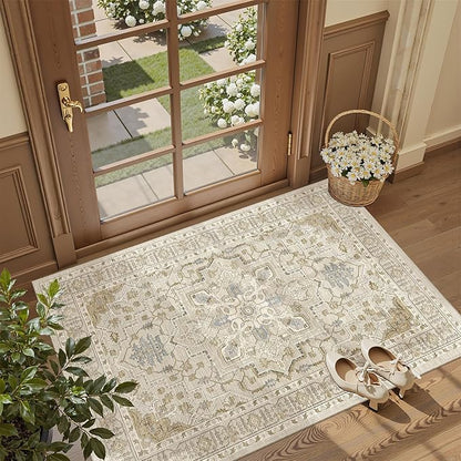 Madane Washable Entry Rug 3x4, Area Rugs for Entryway Kitchen Bathroom Door Mat Indoor Entrance, Vintage Floral Print Office Runner with Non Slip Rubber Backing, Beige/Blue