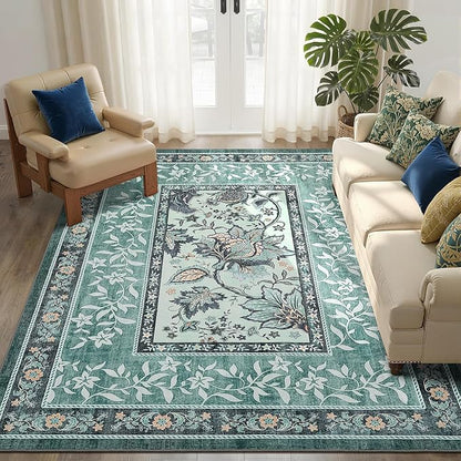 GarveeHome Teal Washable 6x9 Area Rugs, Botanical Grove Vintage Cottagecore Non-Slip Rug for Living Room Bedroom Nursery Kitchen Low-Pile Retro Large Carpet
