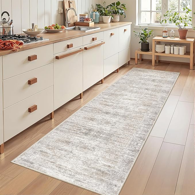 Rug Runners for Hallways Non Slip - 2x8 Runner Rug for Bedroom, Washable Runner with Rubber Backing, Soft Low-Pile Carpet for Kitchen, Laundry, Bathroom (2'x8', Brown/Grey/Ivory)