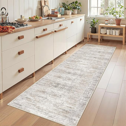 Rug Runners for Hallways Non Slip - 2x8 Runner Rug for Bedroom, Washable Runner with Rubber Backing, Soft Low-Pile Carpet for Kitchen, Laundry, Bathroom (2'x8', Brown/Grey/Ivory)