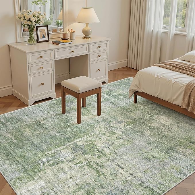 5x8 Area Rugs Green/Ivory Low Pile Indoor Washable Trendy Faded Style Rugs for Bedroom Living Room Dining Room Foldable Non-Slip Thin Print Home Office Mat